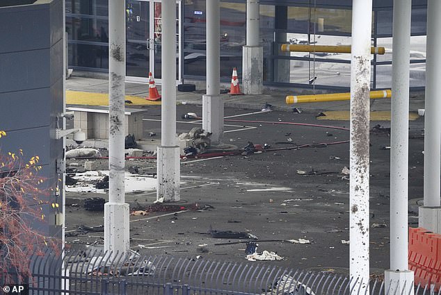 The remains of the $300,000 Bentley that crashed near the US-Canada border crossing in Niagara Falls on Wednesday