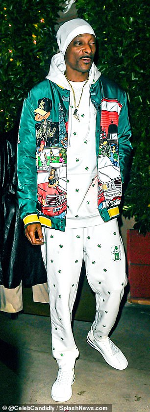 Meanwhile, the 16-time Grammy nominee showed off his love for cannabis in a shiny green jacket, white durag and sneakers