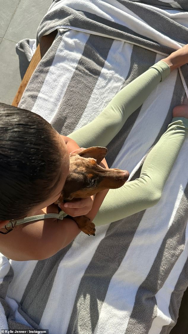 Cute: She also shared a photo of Stormi cuddling a puppy as she relaxed on a lounge chair