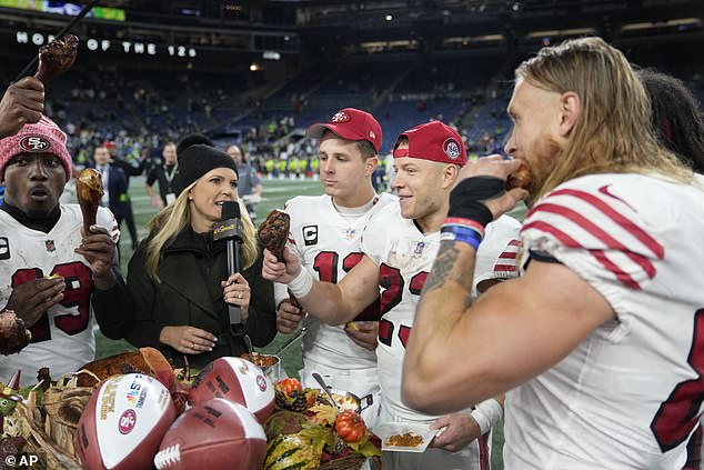 Deebo Samuel (left), Brock Purdy, Christian McCaffrey and Kittle feast after the match