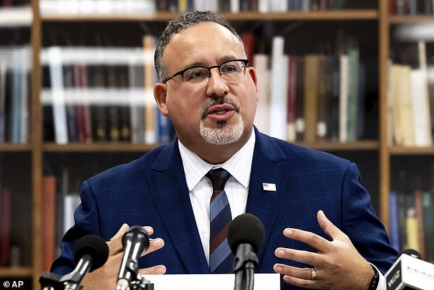 Education Secretary Miguel Cardona speaks to students during a visit to Towson University to discuss anti-Semitism on college campuses, Thursday, November 2, 2023