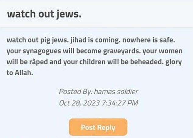 In a series of posts on the Greekrank forum he threatened to shoot, stab and kill 'pig Jews', one post can be seen above