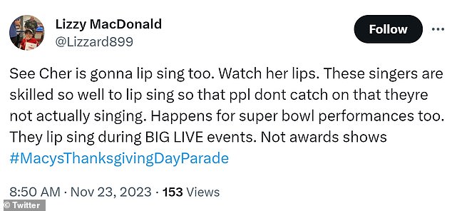 On the other hand, some Cher fans jumped to her defense and argued that lip syncing is de rigueur at the Macy's Thanksgiving Day Parade