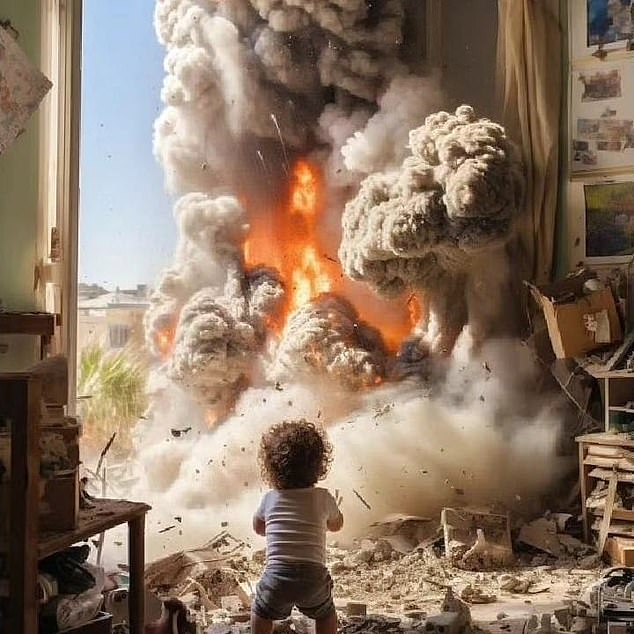 This is an AI-generated image of a toddler standing in the rubble and witnessing a fiery explosion due to aerial bombardment