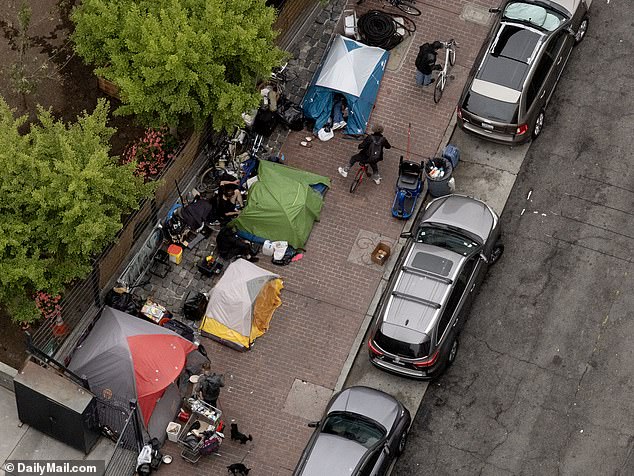 A slew of the city's restaurateurs cited crime, drugs and declining tourism as the main culprits killing their businesses.  Pictured: Homeless people living near Union Square in San Francisco