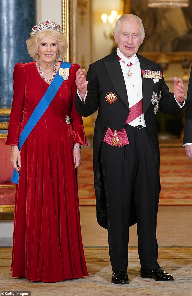 Queen Camilla and King Charles III pictured at a state banquet for South Korea's President Yoon Suk Yeol and his wife Kim Keon Hee