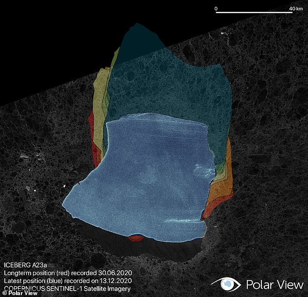 A23a broke off the Filchner Ice Shelf in September 1986 and fell into the southern Weddell Sea in November 1991. About three decades later it began moving north.