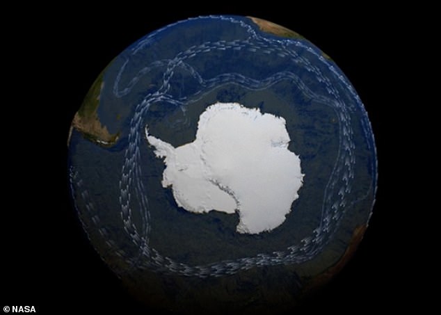 Pictured is the Antarctic Circumpolar Current - a 13,000-mile-long ring of ocean water flowing around Antarctica