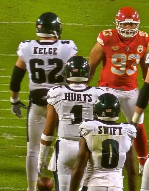 Eagles players Kelce, Hurts and Swift lined up during this week's win over the Chiefs