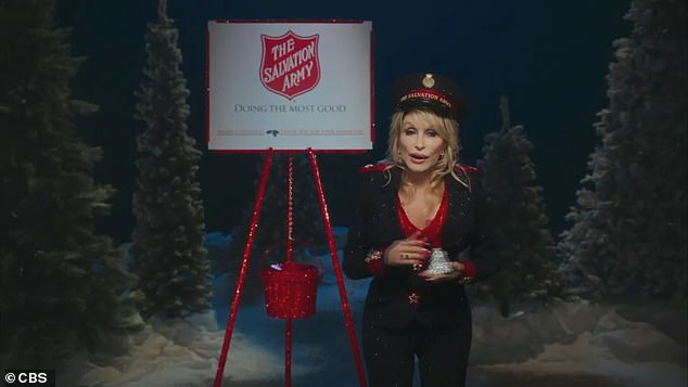 Charity: Before her halftime show, Parton wore red and black to appear in an ad for the Salvation Army