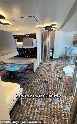 The space-themed kids' room features two sets of bunk beds and each bedroom has its own built-in TV and Bluetooth headset, so the kids don't have to fight over what to watch