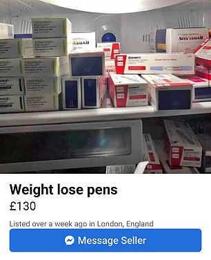 Sellers on Facebook Marketplace offer weight-loss shots for sale without the need for a prescription.  One seller shows a picture of a fridge full of medicines and lists the slimming jabs for £130