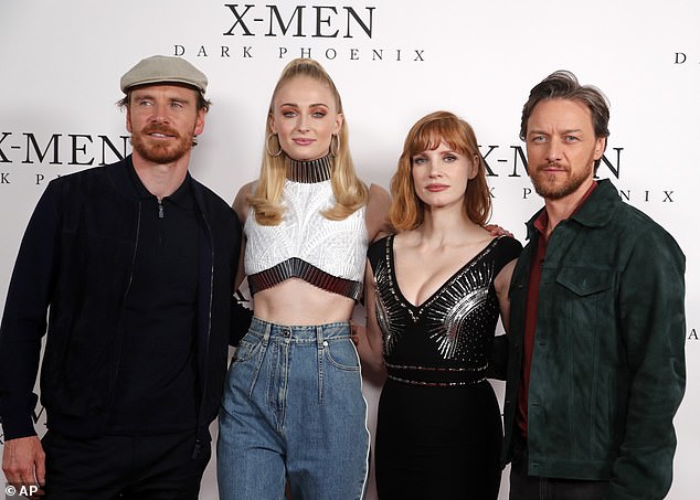 Quit: Michael (left) took a four-year break after filming Dark Phoenix, but didn't give a reason (pictured in 2019 with X-Men co-stars Sophie Turner, Jessica Chastain and James McAvoy)