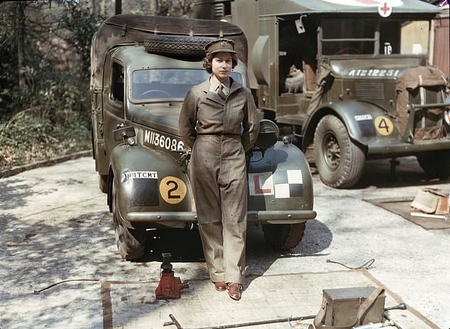 Elizabeth in her Auxiliary Territorial Service uniform in front of an army ambulance during World War II