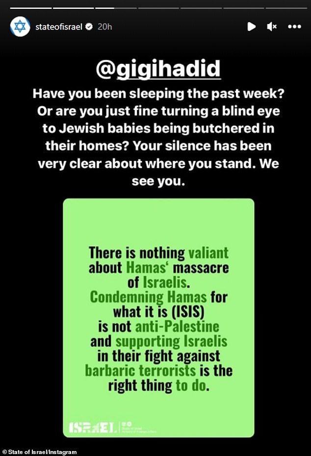 The official Instagram page of the State of Israel blasted the model for her lukewarm statement on extremist Palestinian terrorism and implied that Israel was to be blamed for the attack.