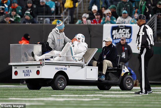 Dolphins linebacker Jaelan Phillips was taken off the field with an injury in the fourth quarter