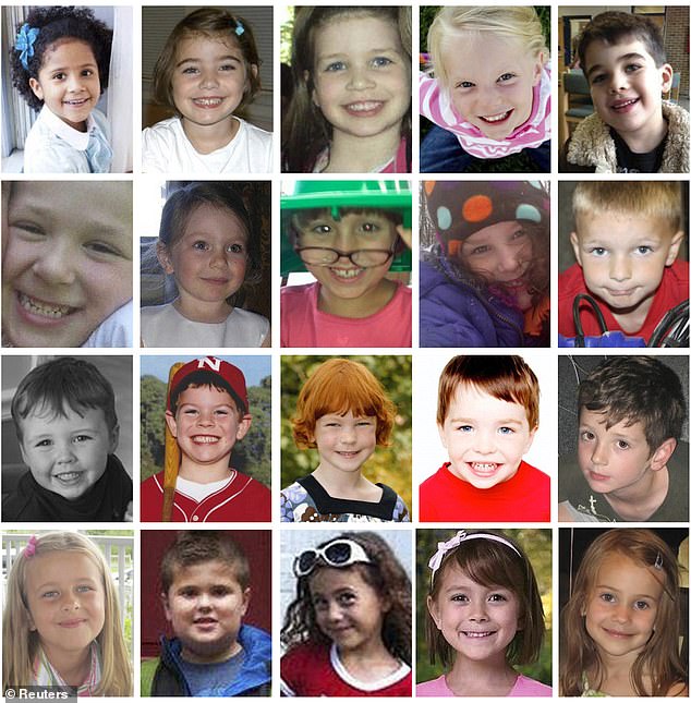 The twenty children killed in the Sandy Hook mass shooting.  Top row (left to right): Ana Marquez-Greene, Caroline Previdi, Jessica Rekos, Emilie Parker, Noah Pozner.  Second row: (left to right): Jesse Lewis, Olivia Engel, Josephine Gay, Charlotte Bacon, Chase Kowalski.  Third row (left to right): Daniel Barden, Jack Pinto, Catherine Hubbard, Dylan Hockley, Benjamin Wheeler.  Bottom row (left to right): Grace McDonnell, James Mattioli, Avielle Richman, Madeleine Hsu, Allison Wyatt