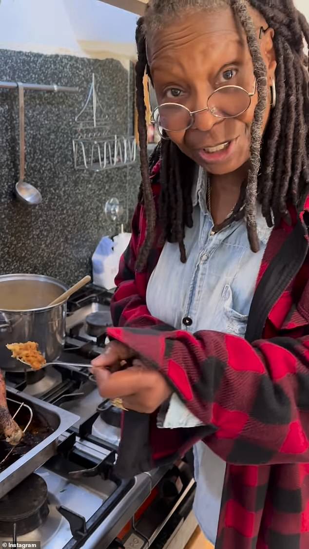 Whoopi, wearing a red and black plaid sweater over a blue button-down top and dark jeans, shared some images of herself trying out the finished product on Thursday