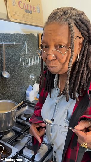 She took a spoonful of the filling and dipped it into the liquid that had collected at the bottom of the container before popping it into her mouth and making a happy face.