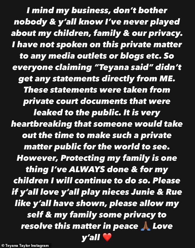 Heartfelt: Teyana shared the heartfelt message with her fans on social media