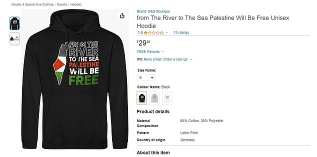 A hoodie with the slogan 'From The River To The Sea, Palestine Will Be Free' sold on Amazon