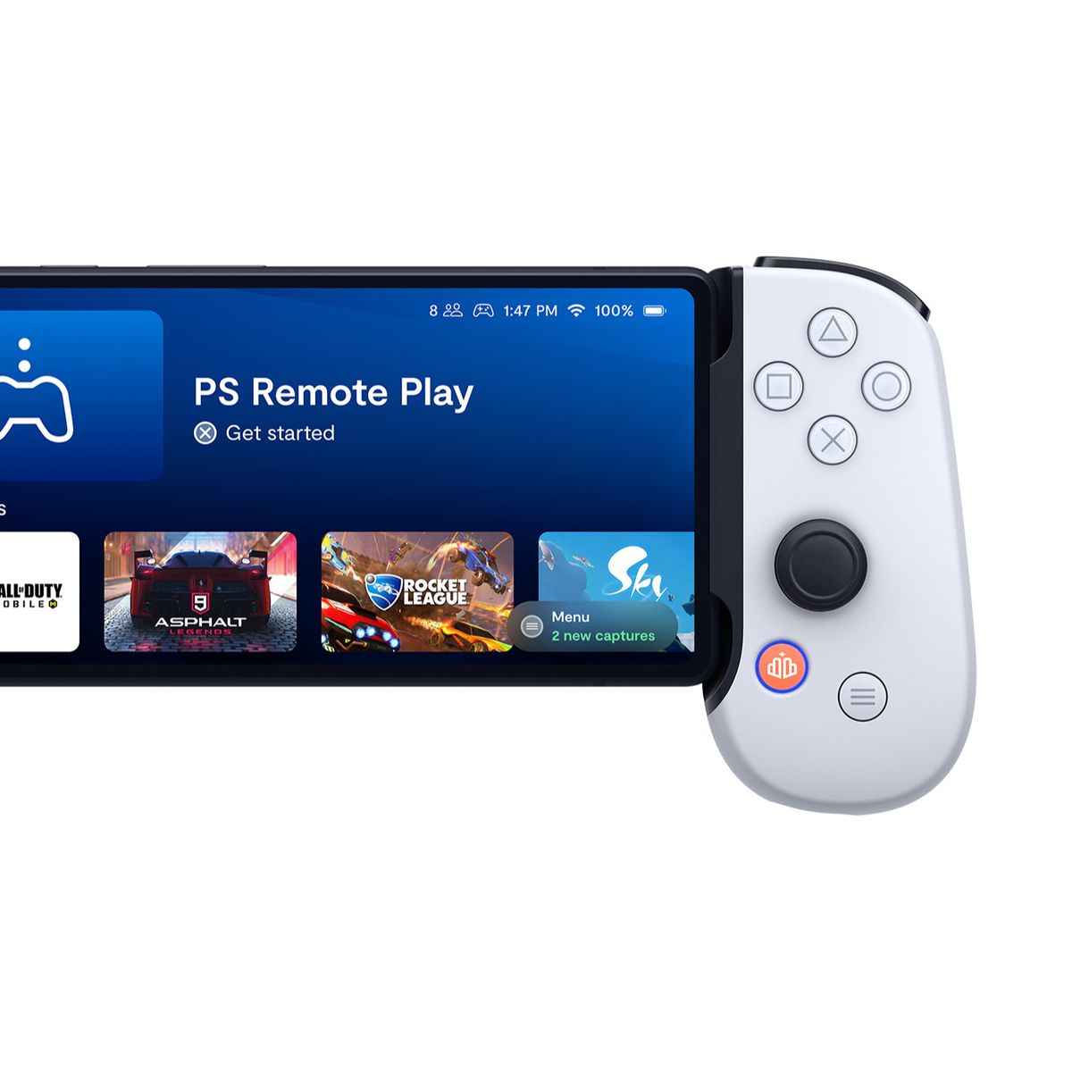 The Backbone PlayStation Edition for Android.  The controller is advertised spread open with a phone in the middle.  The phone's screen shows a user interface that looks a lot like a console dashboard, filled with tiles showing games and other interactive features like videos and friends lists.