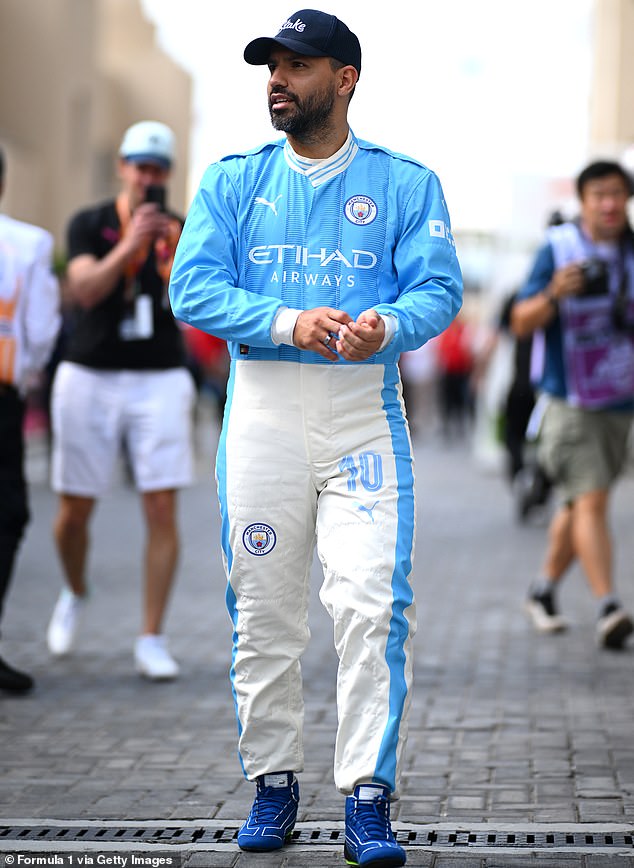 He walked around the paddock in an all-blue and white outfit and showed off City's Etihad Airways sponsor, who is from the United Arab Emirates.