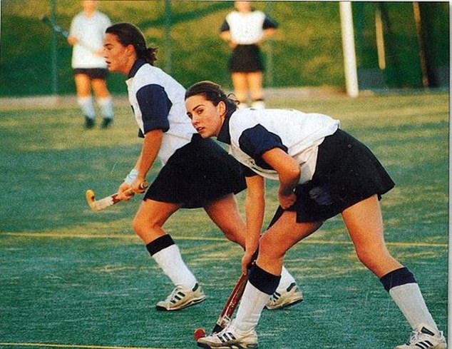 Kate, with the ball, plays hockey at Marlborough College in 2000. Her sister, Pippa, stands just outside her