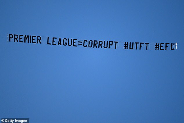 Everton fans mapped a plane to fly over with the message 'Premier League = Corrupt' hovering over The Etihad during the second half in protest at their points deduction