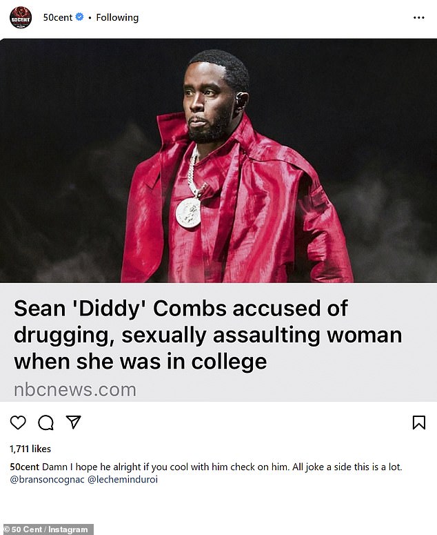 Update: 50 Cent also shared another headline and photo of Diddy in a separate post, and made a more serious comment, typing: 'D**n I hope he's doing well if you watch with him, check it out with him.  All jokes, this is a lot'