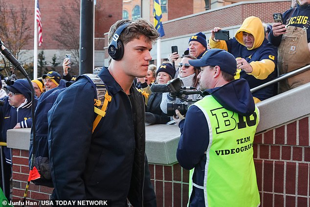 Michigan quarterback JJ McCarthy arrives at Michigan Stadium before the Ohio State game