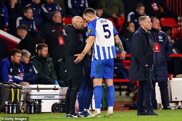 The Brighton defender got in the face from fourth official Andy Davies after his dismissal