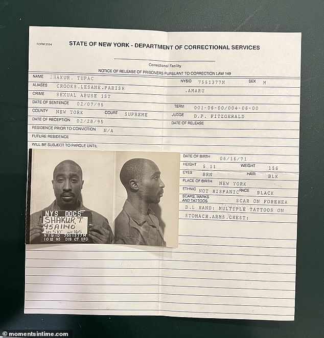 Arrest Details: The Autograph Dealer's website also listed the two unique pieces of memorabilia with the music legends' birth names on the documents.  The papers are from when Tupac – born Lesane Parish Crooks – was found guilty of sexually assaulting a female fan