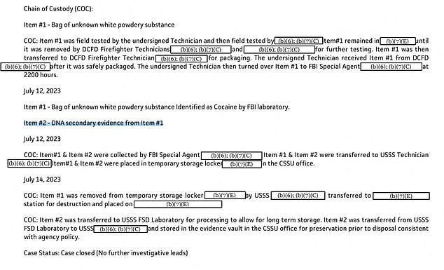 A secondary piece of evidence may remain in the custody of the Secret Service.  It was identified on another document as an envelope containing three tubes, likely containing the swabs used when researchers tested the drugs, and a bag.