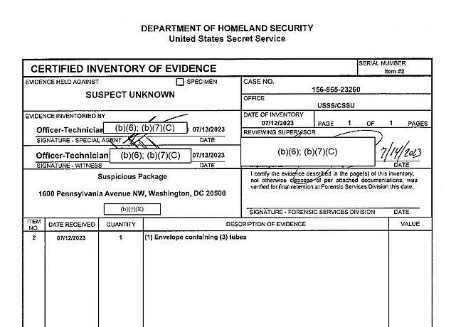 This document notes that the second piece of evidence – which may still be in Secret Service custody – was an envelope containing three tubes