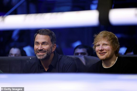 DUBLIN, IRELAND – NOVEMBER 25: British sports promoter and chairman of Matchroom Boxing, Eddie Hearn, and English singer-songwriter Ed Sheeran, are in attendance ahead of the IBF, IBO, WBA, WBC and WBO World Super Lightweight Title fight between Chantelle Cameron and Katie Taylor at the 3Arena Dublin on November 25, 2023 in Dublin, Ireland.  (Photo by James Chance/Getty Images)