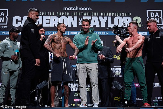 DUBLIN, IRELAND – NOVEMBER 24: Zelfa Barrett and Costin Ion at their weigh-in ahead of their Super Featherweight bout at The Helix on November 24, 2023 in Dublin, Ireland.  (Photo by Mark Robinson/Getty Images)