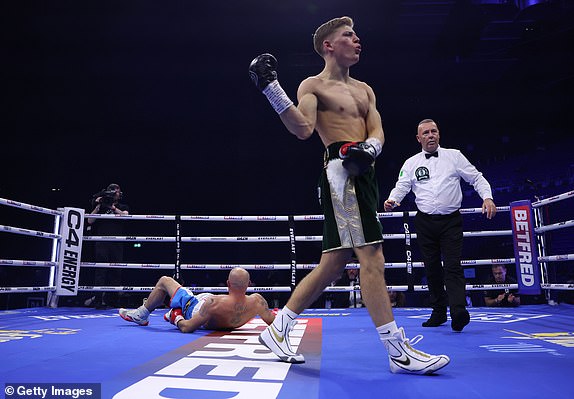 DUBLIN, IRELAND – NOVEMBER 25: Giorgio Visioli celebrates after a knockdown in the first round of the lightweight fight against Lee Anthony Sibley at the 3Arena Dublin on November 25, 2023 in Dublin, Ireland.  (Photo by Mark Robinson/Getty Images)