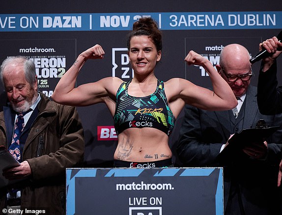 DUBLIN, IRELAND – NOVEMBER 24: Chantelle Cameron weighs in for her undisputed super lightweight world title fight tomorrow night at The Helix on November 24, 2023 in Dublin, Ireland.  (Photo by Mark Robinson/Getty Images)