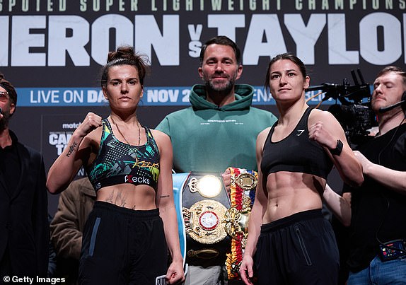 DUBLIN, IRELAND – NOVEMBER 24: Chantelle Cameron and Katie Taylor weigh in ahead of their undisputed super lightweight world title fight tomorrow night at The Helix on November 24, 2023 in Dublin, Ireland.  (Photo by Mark Robinson/Getty Images)