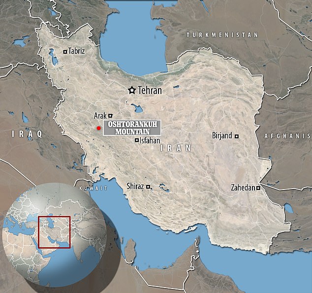 A map showing Iran's Oshtorankuh Mountain, 300 kilometers southwest of the capital Tehran, where climbers were warned of severe weather conditions by local authorities