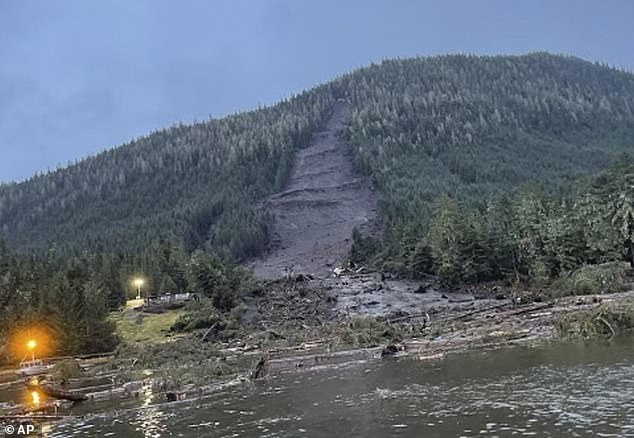 Monday night's landslide destroyed a swath of evergreen trees, affecting three homes and burying a highway near the island community of Wrangell.  It was estimated to be 140 meters wide and the disaster occurred during a period of heavy rainfall and strong winds