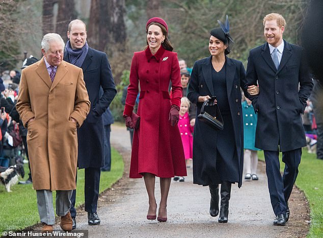 Then-Prince Charles, William, Catherine, Meghan and Harry at the Sandringham estate on December 25, 2018 in King's Lynn