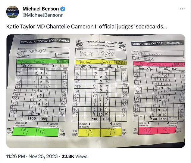 What the judges' scorecards look like after the fight, and each of them scored the fight quite differently