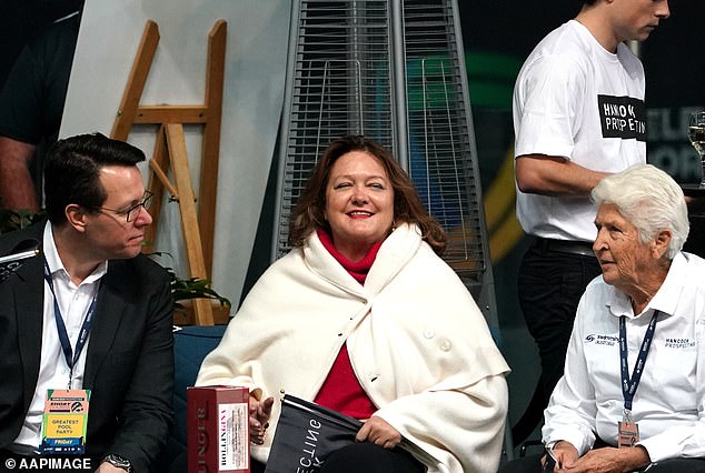 The code has struggled financially since Australia's richest woman, Gina Rinehart (pictured center with swimming legends Kieren Perkins, left, and Dawn Fraser, right) withdrew $15 million in sponsorship money in October 2022.