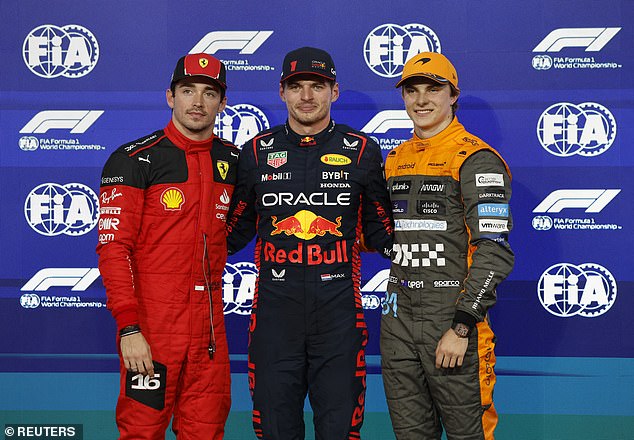 Oscar Piastri (right) comes in third behind Leclerc (left) and Verstappen (middle)