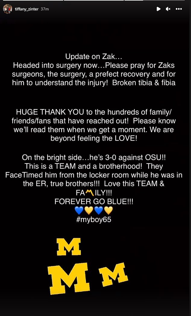 Zinter's mother Tiffany posted an update on his condition on her Instagram Story overnight