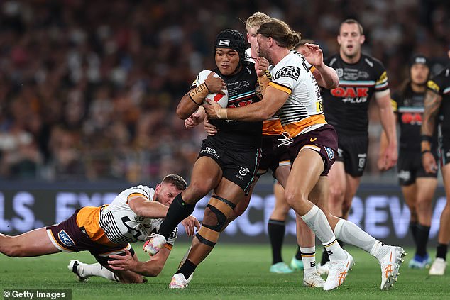 To'o (pictured being tackled during the Panthers' grand final win over Brisbane) isn't the only one of Cleary's teammates to make a cheeky comment about his romance with the football great