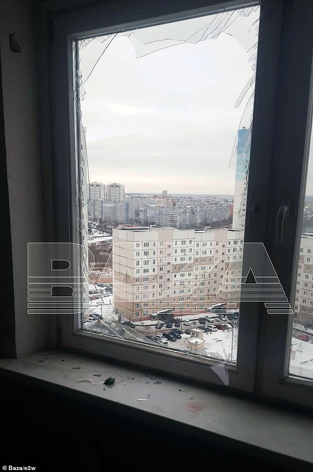 A window has been badly destroyed after today's drone attack on Russia