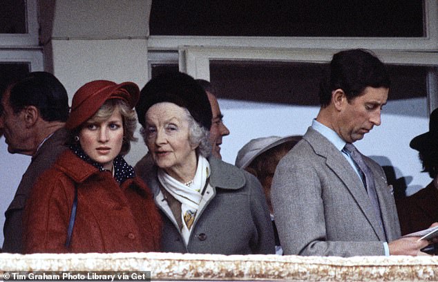 Diana, Princess of Wales, listens to her grandmother as future husband Prince Charles appears eager to survey the odds at the 1982 Cheltenham National Hunt Festival